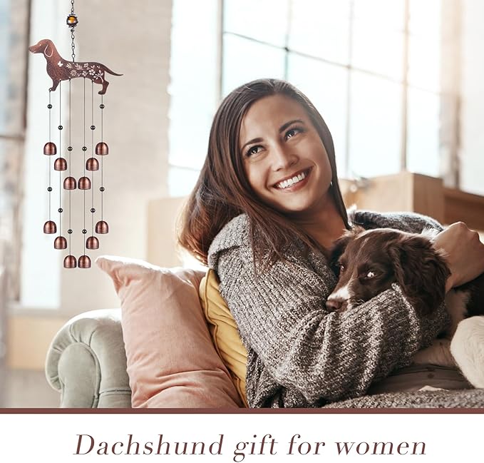 24 Inch Metal Wind Chimes Decor for Outside Garden Birthday Gift for Women Men Bronze Windchimes Pet Memorial Gift with 12 Bell for Patio Yard Lawn Housewarming Front Yard(Dachshund Dog)