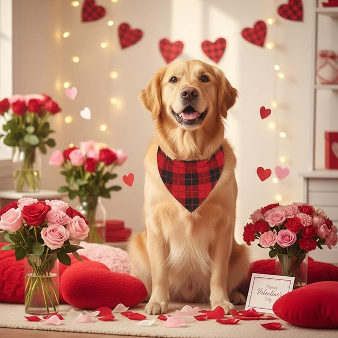 Weewooday 50 Pcs Valentine's Day Red Plaid Dog Bandanas Bulk for Dogs Soft Bibs Adjustable Triangle Bandana for Small Medium Large Pet Costume(25.6 x 17.7 x 17.7 Inch)