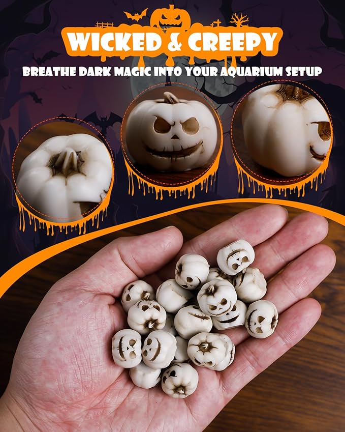 Uniclife 20 Pcs Halloween Mini Pumpkin Decorations, Halloween Fish Tank Decor, Spooky Smiling Face Mini Pumpkins, Jack-O'-Lantern Miniature Vase Fillers, White Resin Artificial Figurines