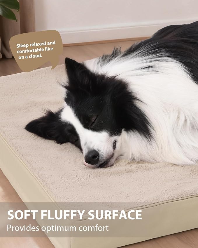 KSIIA Orthopedic Dog Bed Crate Waterproof Pet Mats for Large Dogs Deluxe Plush Washable Pet Bed with Egg Crate Foam & Removable Cover, 35 x 22 Inch, Khaki