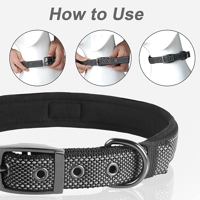 PetiFine Dog Collar for Large Dogs, Neoprene Padded and Adjustable, Reflective Wide Heavy Duty Pet Collars with Durable Metal Belt Buckle for Walking, Black, XL