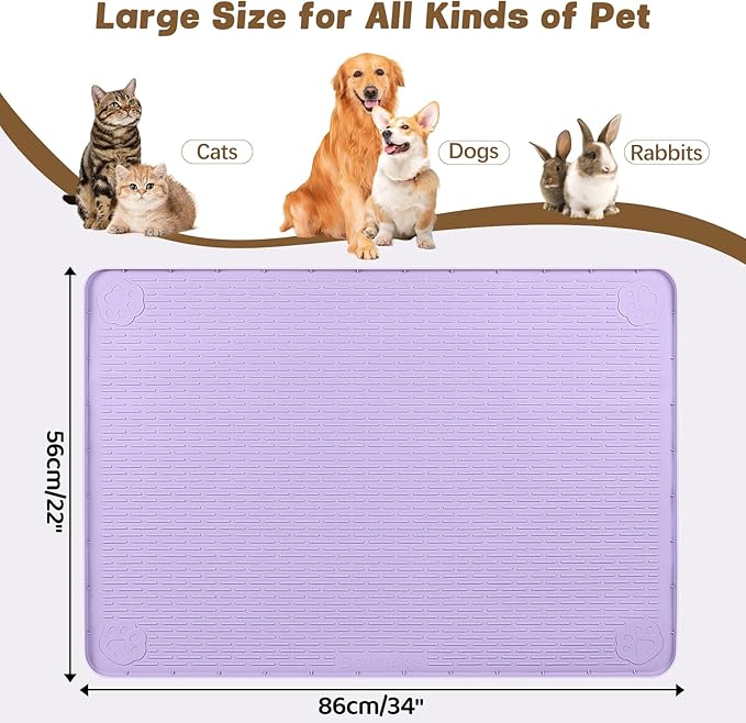 Cat Food Mat, 34" x 22" Large Silicone Pet Feeding Mat for Food and Water Bowls Non-Slip, Easy to Clean (Purple)