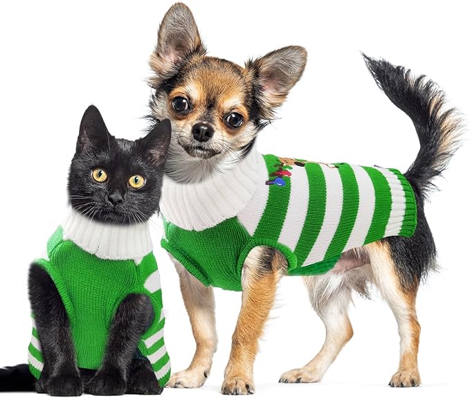 Christmas Dog Sweaters Xmas Pet Outfits Striped Elk Costume Holiday Clothes Gifts Puppy Cat Knitted Jumpers (XS,Green White Stripe Elk)
