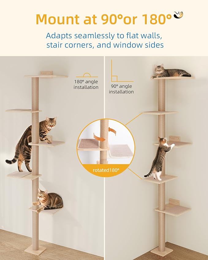 80inch Tall Cat Tree Wall Mount, 15.8in Top Perch Bed for Large Adult Cats, Adjustable Cat Tower Floor to Ceiling for Scratch, Climb, and Lookout
