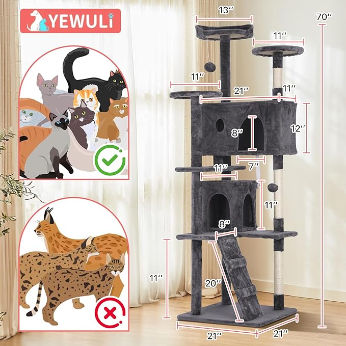 70in Cat Tree Cat Climbing Tower with Scratching Post, Cats House Perch Kitten Tree Condo Wood Playhouse, Pet Trees Tower for Indoor Cats, ASHY