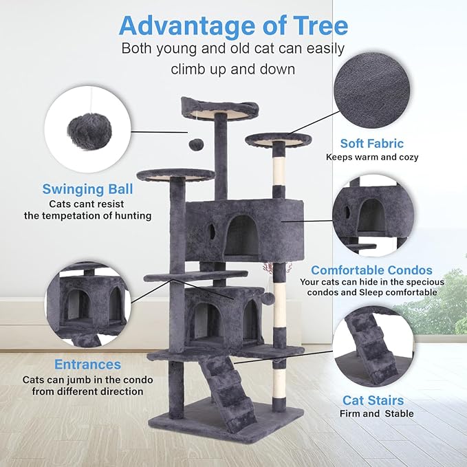 FDW | 54" Cat Tree Tower | Ashy | Multi-Level Indoor Activity Center with Sisal Scratching Posts, Condos, Plush Perches, Hanging Cat Toys | Sturdy, Easy to Assemble | for Kittens & Adult Cats