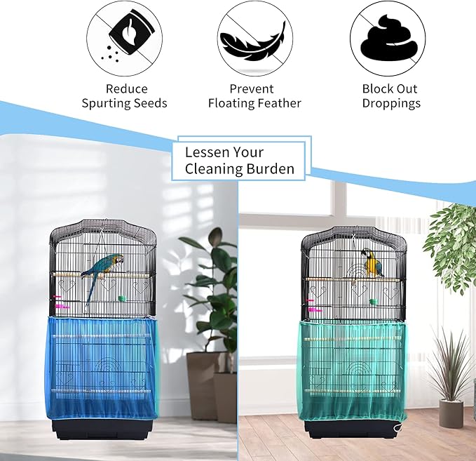 Daoeny Universal Bird Cage Cover, Adjustable Seed Feather Catcher, Soft Airy Nylon Mesh Parrot Net, Birdcage Cover Skirt Sheer Guard for Round Square Cages (Green)