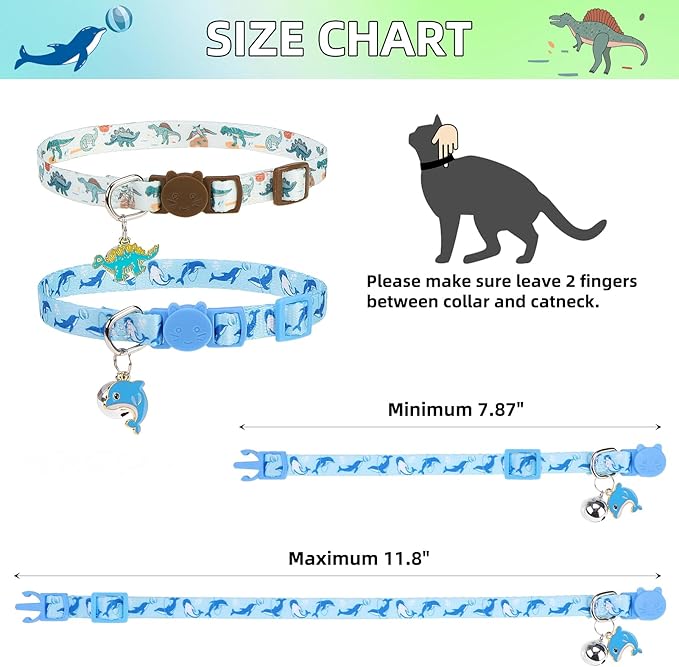 PUPTECK Breakaway Cute Cat Collar with Bell Charm, 2 Packs Adjustable Kitty Collars Animals Pattern, Blue&White, 7.8-11.8 in