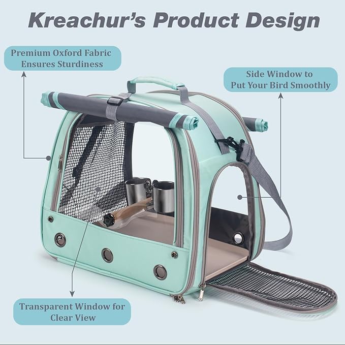 Bird Carrier Parrot Travel Cage with Perch, Food Bowl, Tray and Breathable Clear Window, Bird Travel Bag for African Gray Cockatiel Caique Conure Quaker, for Vetting Camping Hiking (Blue)