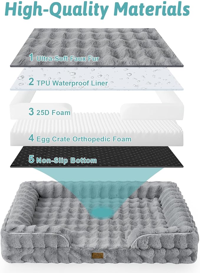 Orthopedic Dog Bed for Large Size Dog, Soft and Warm Faux Fur Extra Large Sofa for Pet Up to 100 lbs, Foam Bolster Anti-Slip Couch with Washable Removable Cover, XL 44x32x7 inch, Grey