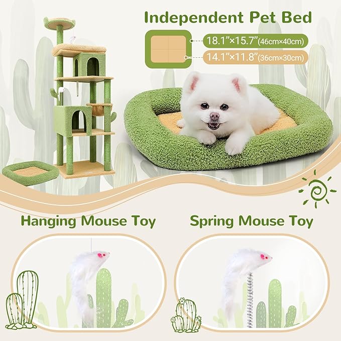 Globlazer Heavy Duty Cactus Cat Tree for Large Cats, Sturdy 72in Maine Coon Cat Tree for Large 20 lbs+ Cactus Cat Tower for Adult Biggest Cats with 6 Scratching Posts, Hammock, S72, Green