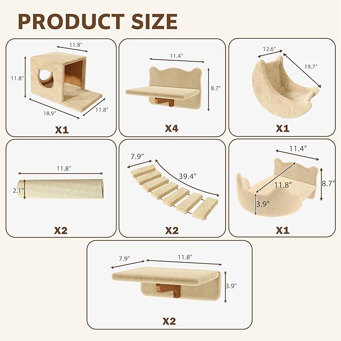 13-in-1 Cat Wall Shelves, Wall Mounted Cats Furniture Set with Plush Fabric, Cat Climbing Wall Systems, Cats Shelf with Moon Hammock, Condo, House, Step, Bridge Ladder, Scratching Post, Beige