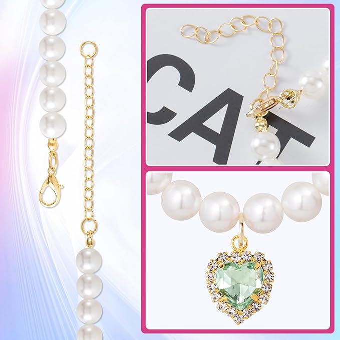 2pcs Cat Dog Pearl Collar, Small Heart Shape Rhinestone Pet Necklace, Adjustable Wedding Party Pet Jewelry Accessories for Puppy Small Cats- Blue & Green
