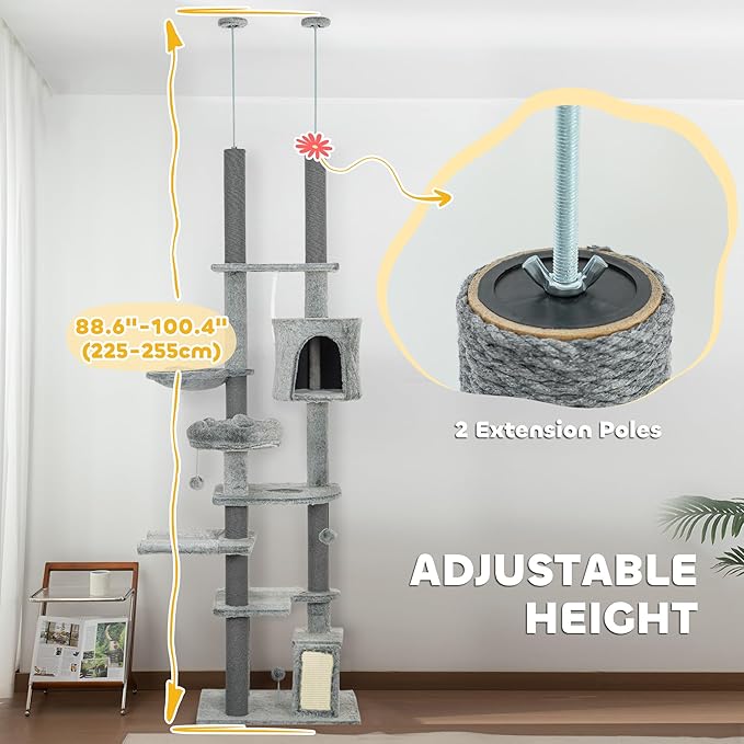 PawHut Floor to Ceiling Cat Tree, 89"-100" Adjustable Height Cat Climbing Tower Activity Center for Indoor Cats with Cat Perch, Condo, Hammocks, Scratching Posts & Ramp, Gray