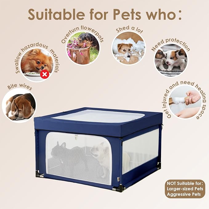 EHEYCIGA 42x42x26 Inches Puppy Playpen with Top Cover for Dogs & Cats Indoor or Outdoor - Dog Playpen with Door, Dog Fence for Small Animal with Heavy-Duty Oxford & Steel Frame, Navy
