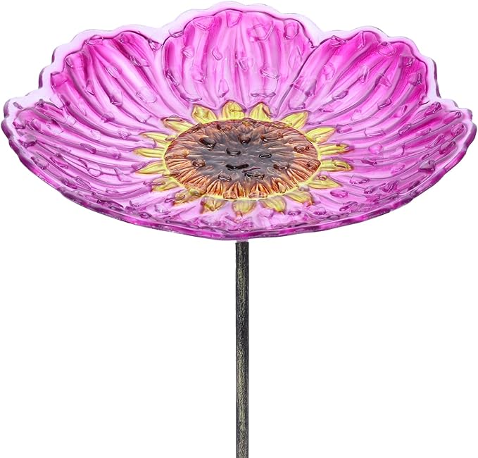 MUMTOP Glass Bird Baths for Outdoors, 12 Inch Bird Bath Bowl with Metal Stake Sunflower Bird Feeders for Garden and Patio Decor