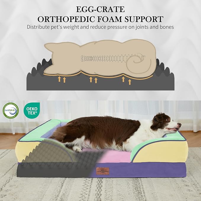 Comfort Expression Orthopedic Dog Bed for Extra Large Dogs 45x35 Inch, Waterproof Egg Crate Foam XL Pet Bed with Removable Bolsters, Dog Couch with Washable Cover & Non-Slip Bottom, Frosted Grape