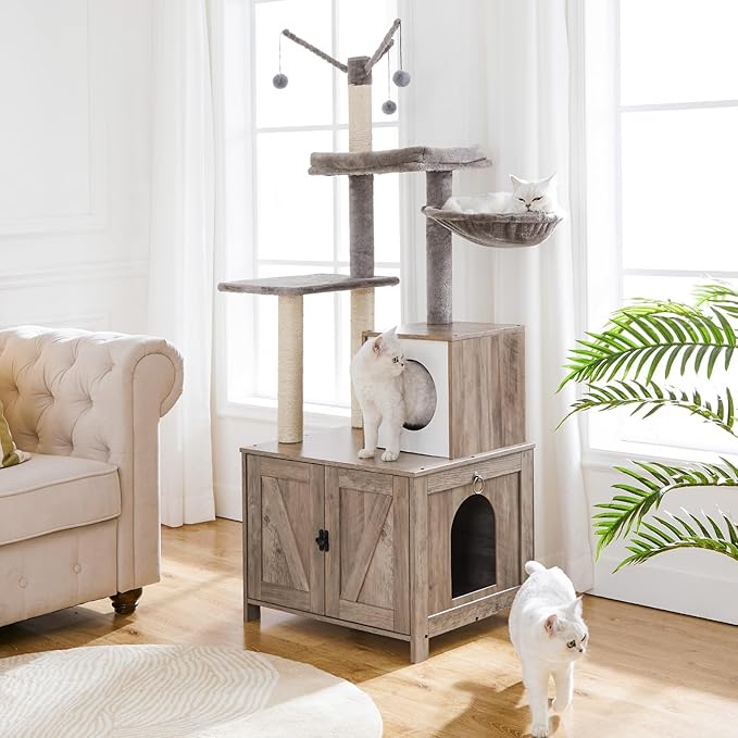 HOOBRO Cat Tree Tower with Litter Box Enclosure Indoor, Wooden Cat Condo with Scratching Posts, Litter Box Furniture Hidden, All-in-One Cat House, Greige BG15MZ03