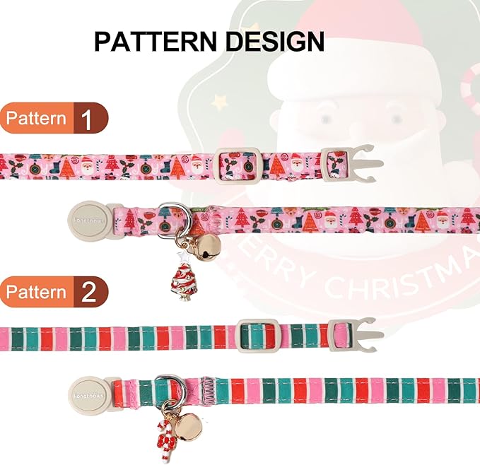 Lionet Paws 2pcs Pack Christmas Cat Collar,Ho Christmas Tree & Pink Stripes Cat Kitten Collars with Breakaway Buckle,Ideal for Girl Cats
