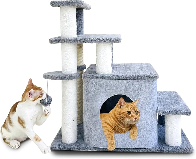 25.6in Cat Tree Tower, Cat Condo with Sisal-Covered Scratching Posts, Cat House Activity Center Furniture for Kittens, Cats and Pets - Dark Gray ﻿