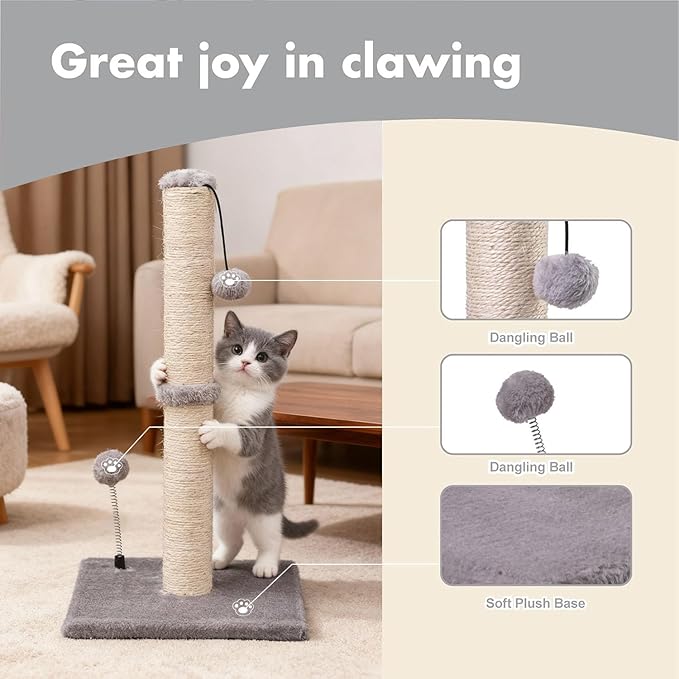 MECOOL Cat Scratching Post Premium Basics Kitten Scratcher Sisal Scratch Posts with Hanging Ball 22" for Kittens or Smaller Cats (22 inches for Kitten, Gray)