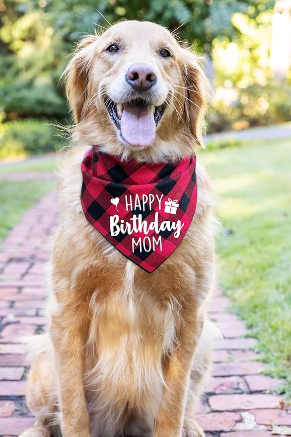 Ptzizi Funny Red Plaid Happy Birthday Mom Dog Printed Triangle Bandana, Small Medium Large Girl Pet Dog Birthday Party Scarf Bib Accessories Gift for Pet Dog Lovers Gift