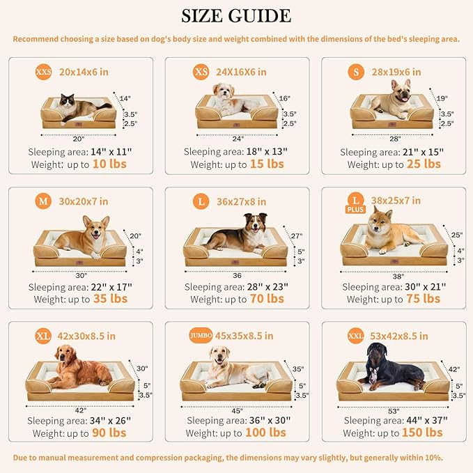 Comfort Expression Orthopedic Dog Bed for Extra Large Dogs 45x35 Inch, Waterproof Supportive Egg Crate Foam XL Pet Bed with Removable Bolsters, Dog Couch with Washable Cover & Non-Slip Bottom, Caramel