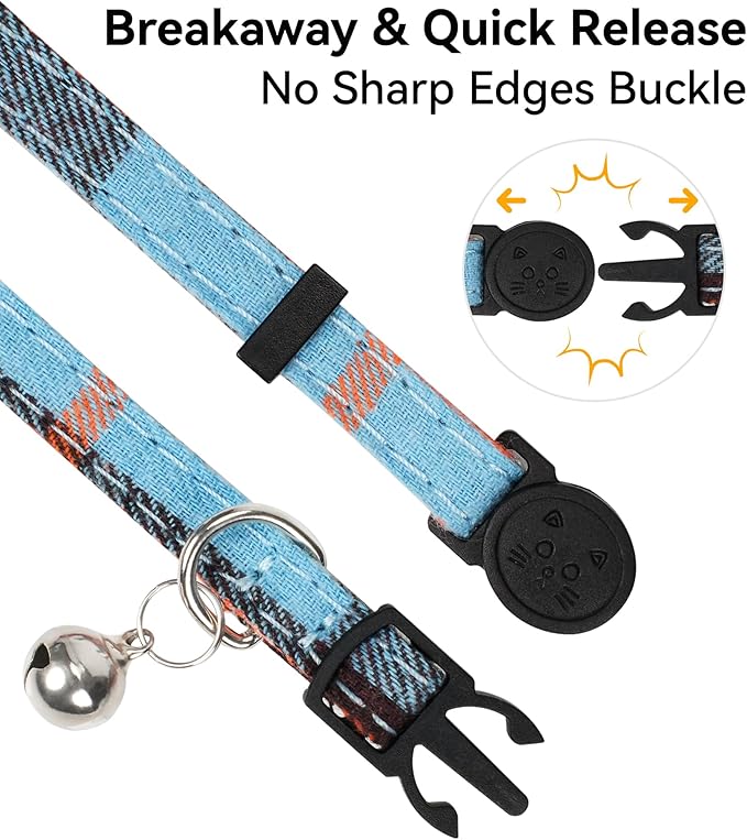 Joytale Upgraded Cat Collar with Bells, Breakaway Cat Collars with Bow Tie, 2 Pack Girl Boy Safety Plaid Kitten Collars, Haze Blue+Teal