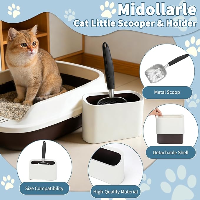 Heavy-Duty Cat Litter Scoop with Holder, Metal Cat Scooper and Detachable Trash Can,Aluminum Kitty Poop Shovel Captures All Clumps,Speed Sifter Litter Box Scooper and Caddy with Lid(White)