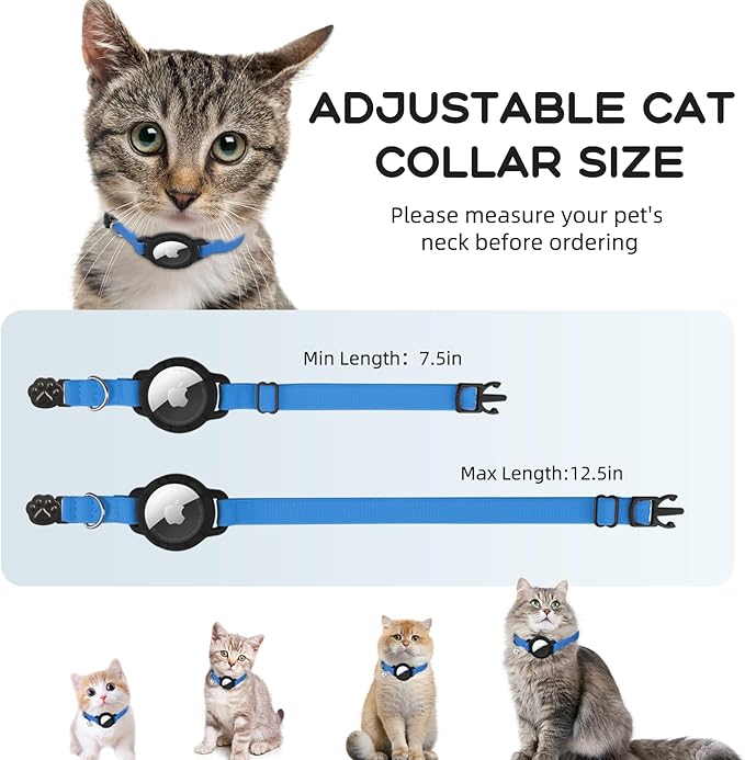 AirTag Cat Collars, Stretchy Collar with Apple AirTag Holder and Bell, Breakaway Ultra Design Elastic GPS Tracking Collars for Cats and Puppies, (7.5-12.5 Inch), Sapphire Blue