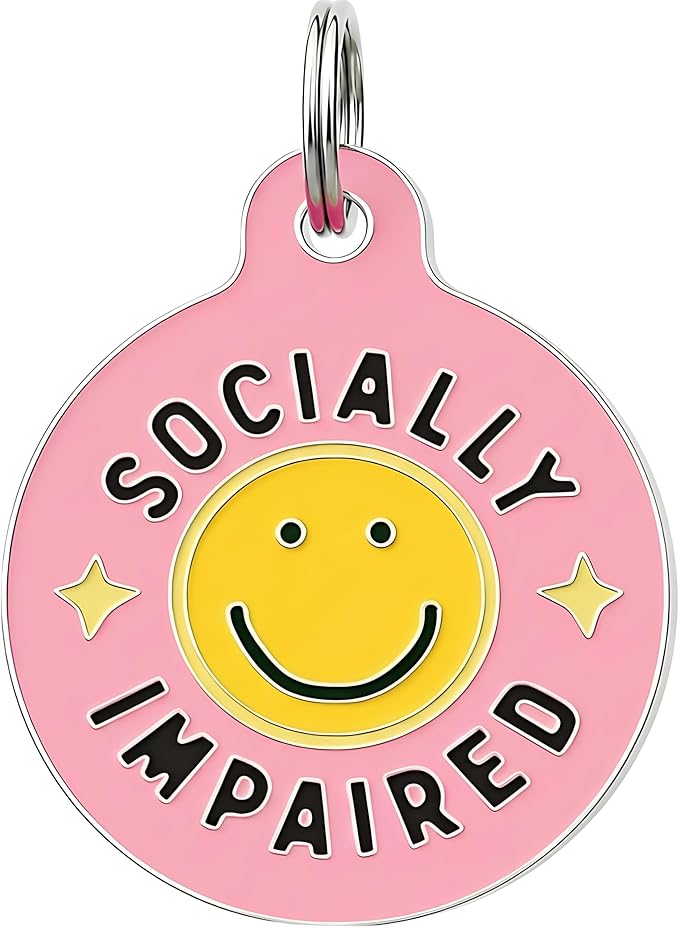 Bad Tags Personalized Dog and Cat ID Tags in 25+ Designs and 2 Sizes - 5 Lines of Custom Engraved Text - Funny Cute Personalized Pet Tags (Socially Impaired - Pink, Small (1 inch))