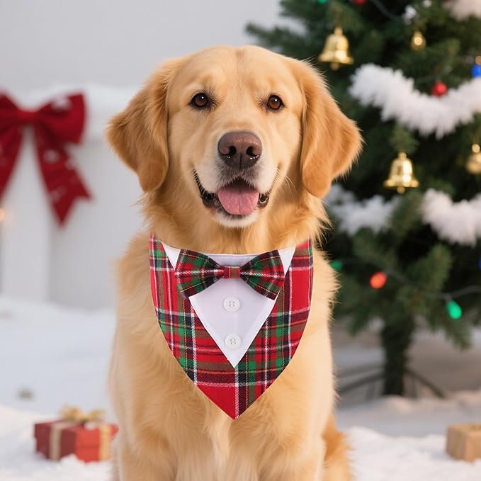 ADOGGYGO Christmas Dog Tuxedo Bandana, Red Green Plaid Pet Xmas Collar with Bow, Adjustable Christmas Costume for Extra Large Dogs (XL)