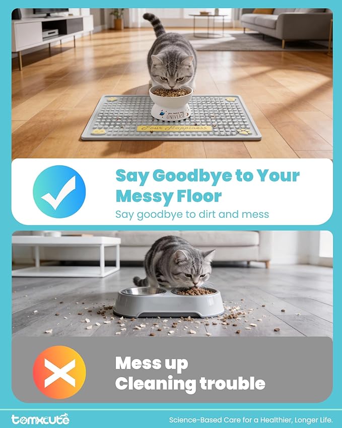 Tomxcute Extra Thick Pet Feeding Mat 19.7" x 14.2", BPA-Free Food-Grade PVC, Waterproof Raised Edge Non-Slip Bowl Mat for Cat Water Fountain & Automatic Feeder, Textured Fast-Drain, Brush Included