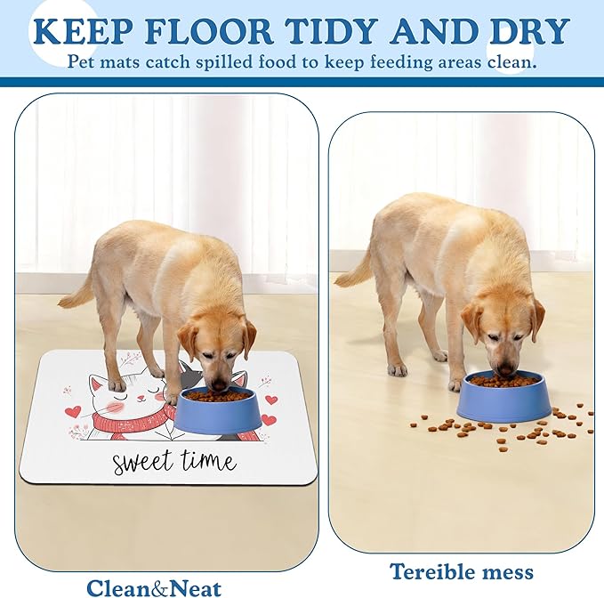 Sweet Cat Lovers Dog Cat Food Mat–Christmas Stocking Absorbent Waterproof Placemat for Food and Water Bowls, Non Slip Rubber Backing, Feeding Mat for Clean Floors 12"x20"