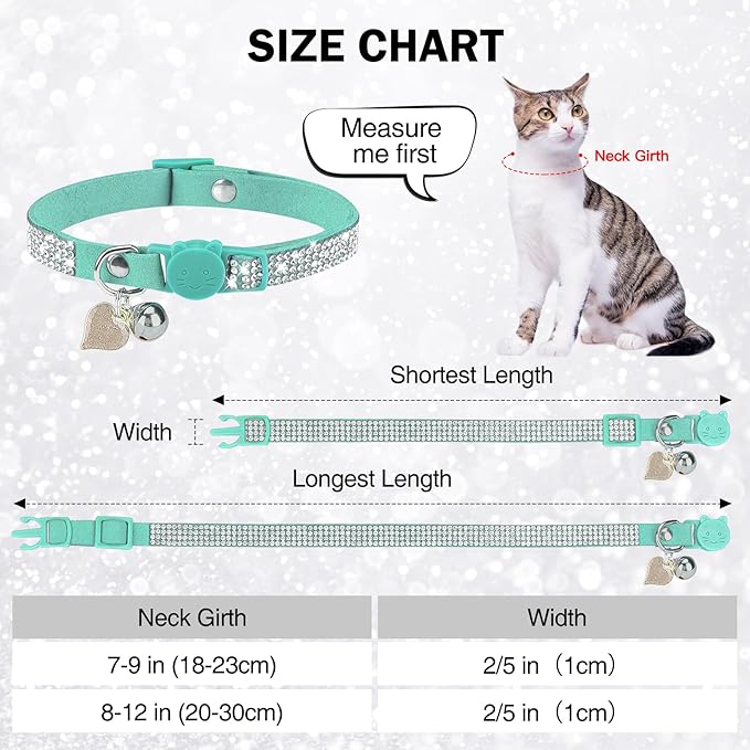 Rhinestone Cat Collar Breakaway with Bell, Diamond Cat Collar with Safety Buckle Quick Release for Girl Boy Small Kitten Pets Puppy,Cute Soft Female Male Cat Collars, Color Pink 7-9"
