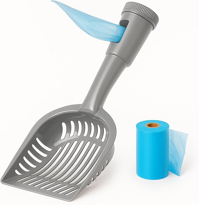 2-in-1 Pooper Scooper with Bag Attachment, Cat Litter Shovel Scoop with Bag, Built-in Dispenser, Includes Trash Roll, Rinse-Clean, Anti-Stick, Smart Sifter, Long Handle (Dark Gray)