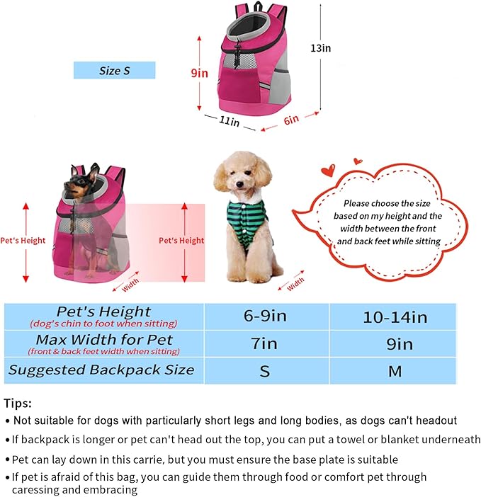 Dog Backpack Carrier, Front Chest Carrier for Cat Small Dogs, Pet Carrying Bag for Travel Hiking Cycling Outdoor Rose S (Suggested Pet Height 7-10 in, 2-6 lbs)