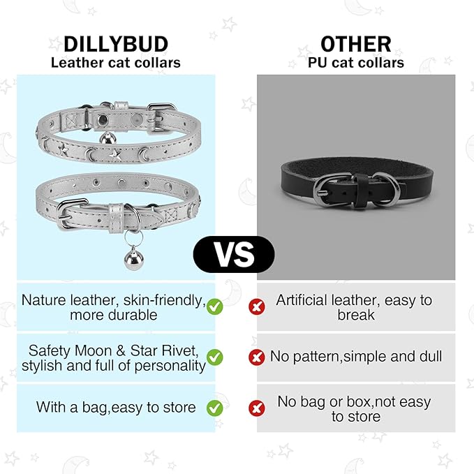 Leather Cat Collars for Boy Girl Cats with Bell and Safety Elastic Belt, Personalized Star and Moon Stud Adjustable Safe Buckle Collar for Kitty Small Big Cats Size 7-9 Inch, Silver Grey