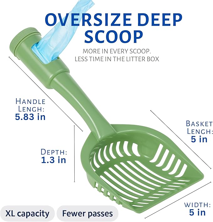 2-in-1 Pooper Scooper with Bag Attachment, Cat Litter Shovel Scoop with Bag, Built-in Dispenser, Includes Trash Roll, Rinse-Clean, Anti-Stick, Smart Sifter, Long Handle (Green)