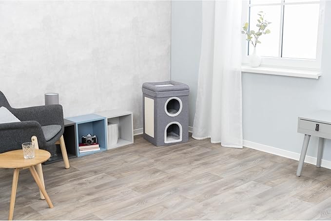 Trixie Saul Cat Condo | 2-Story Condo Tower | Scratching Surface | Foldable for Easy Storage | Gray