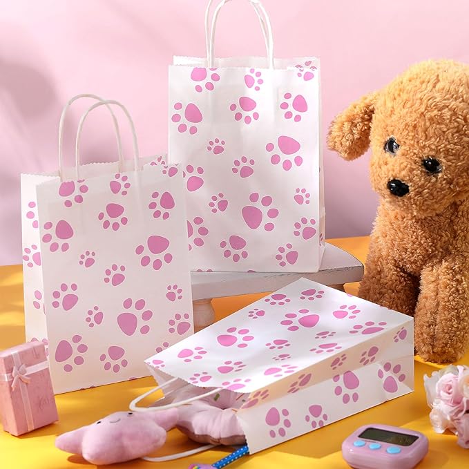 Blulu 20 Pcs Puppy Dog Paw Gift Bags with Paper Twist Handles, Dog Gift Paper Paw Treat Goodie Bags for PET Treat Party Favor, 6.3 x 3.1 x 8.6 Inch(White Backing, Pink Paws)