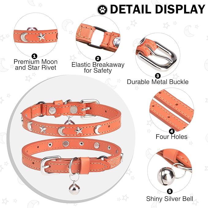 Leather Cat Collars for Boy Girl Cats with Bell and Safety Elastic Belt, Personalized Star and Moon Stud Adjustable Safe Buckle Collar for Kitty Small Big Cats Size 7-9 Inch, Orange