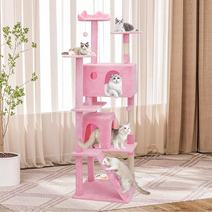 Athena Collection Cat Tree, 77 Inch Cat Tower for Indoor Cats, Multi-Level Cat Tree Tower Activity Center with 2 Cat Condo & Cat Scratching Post & Dangling Ball, Tall Cat Tree, Soft Pink