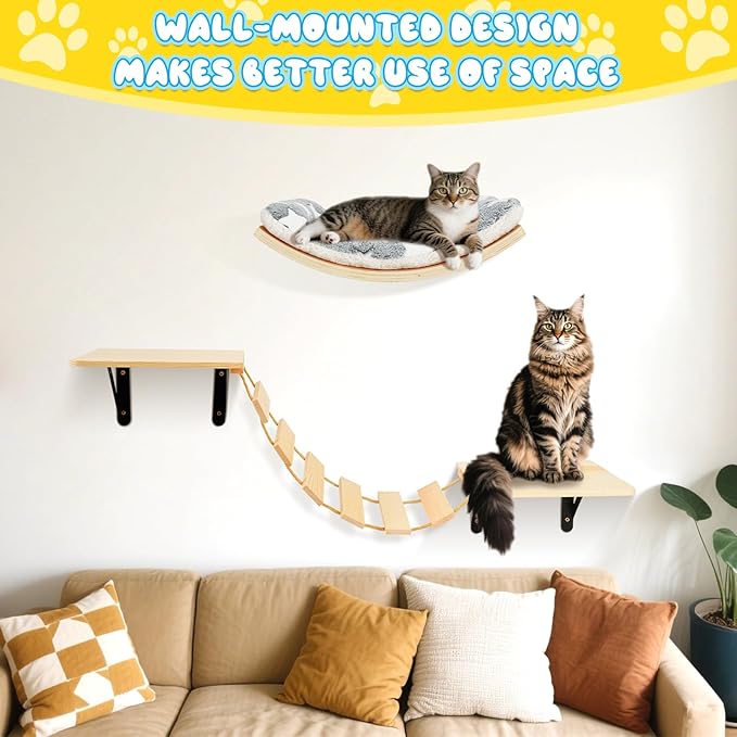 Cat Wall Shelves - Set of 4 Cat Wall Furniture, Curved Cats Shelves and Bridge Ladder & 2 Steps for for Sleeping, Playing, Climbing, and Lounging Modern Furniture for Cats