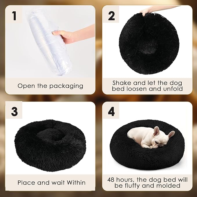 28in Large Dog Bed, Medium Size Dog and Cats, Calming Donut Bed for Puppy and Kitten, Washable Round Fluffy Pet Bed (Black)