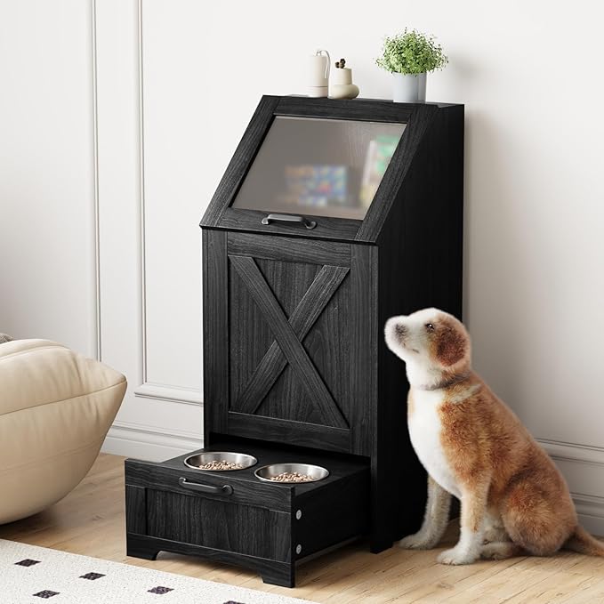 Dog Feeding Station with Storage Cabinet and 2 Elevated Dog Bowls, Hidden Pet Food Storage Organizer for Dog &Cat,Modern Dogs Furniture (Black)