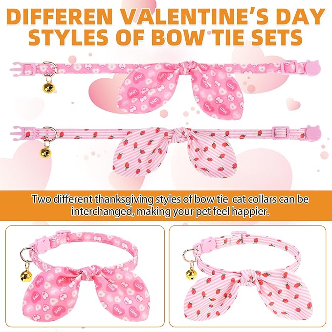 KOOLTAIL Girl Cat Collar Breakaway with Bowtie and Bells, 2 Pack Cute Kitten Collars, Pink Heart & Strawberry Design with Safety Buckle Adjustable for Small Large Girl Cats