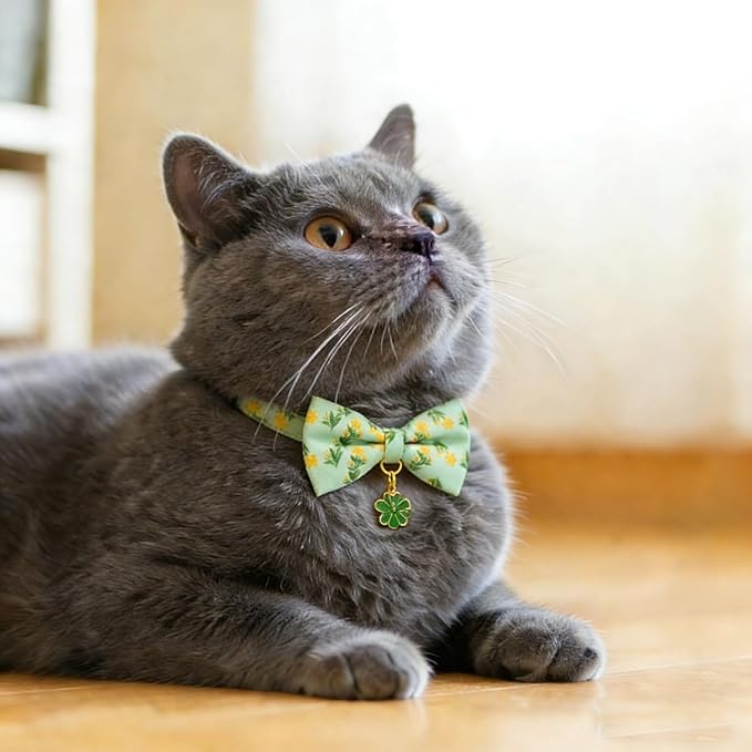 2 Pack Floral Cat Collars with Bow Tie and Bell Adjustable Breakaway Bowtie Cute Kitten Collar(Green & Yellow Flowers)