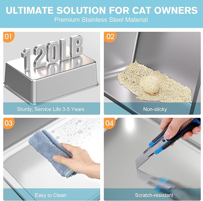 2PACK Stainless Steel Cat Litter Box,Large Litter Box with High Sides for Small Multiple Cats,Kittens,Metal Kitty Litter Boxes with Anti-Leak Lid,Non-Stick,Odorless,Easy to Clean,Scoop Included
