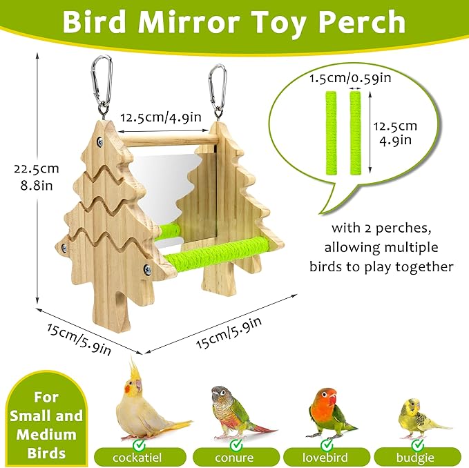 Bird Mirror Toy Perch, 2-Sided Hd Parakeet Mirrors & 2 Cotton-Wrapped Perches for Multiple Birds, Wooden Frame Hanging Parrot Swing for Cage, Safe No Sharp Edges Bird Toy for Budgie Lovebird Cockatiel